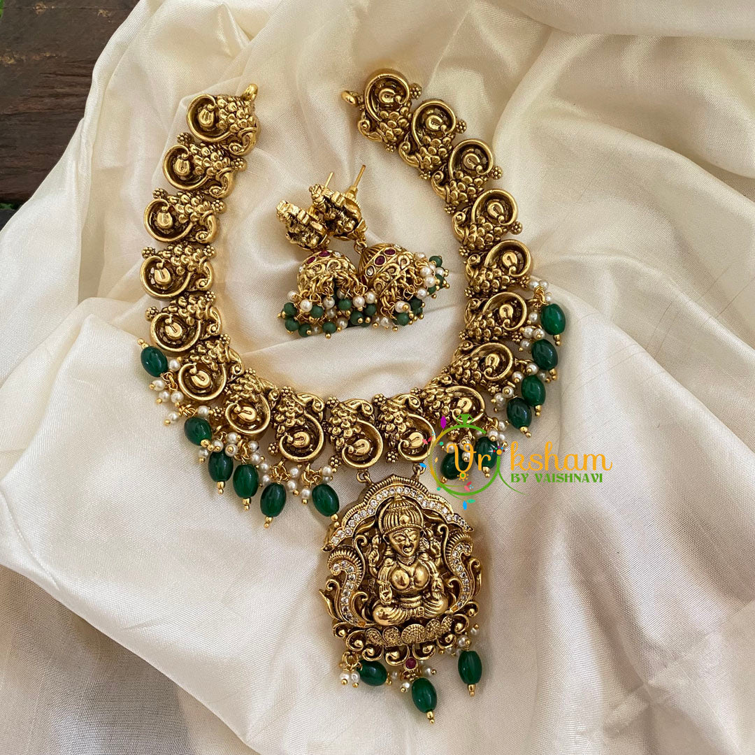 Gold Look Alike Lakshmi Pendant Short Neckpiece-Green Bead-G7240