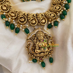 Gold Look Alike Lakshmi Pendant Short Neckpiece-Green Bead-G7240