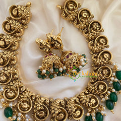 Gold Look Alike Lakshmi Pendant Short Neckpiece-Green Bead-G7240