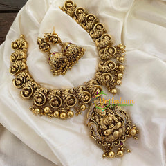 Gold Look Alike Lakshmi Pendant Short Neckpiece-Gold Bead-G7239