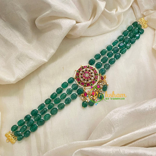 Jadau Kundan Green Bead High Neck Choker -J959