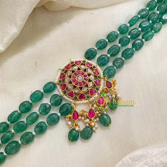 Jadau Kundan Green Bead High Neck Choker -J959