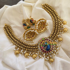 Premium AD Stone Short Neckpiece- Gold and Pearl -G7267