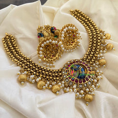 Premium AD Stone Short Neckpiece- Gold and Pearl -G7267