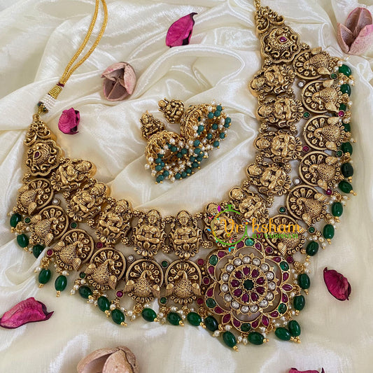 Premium Lakshmi Temple Short Neckpiece-Green Bead-G5930