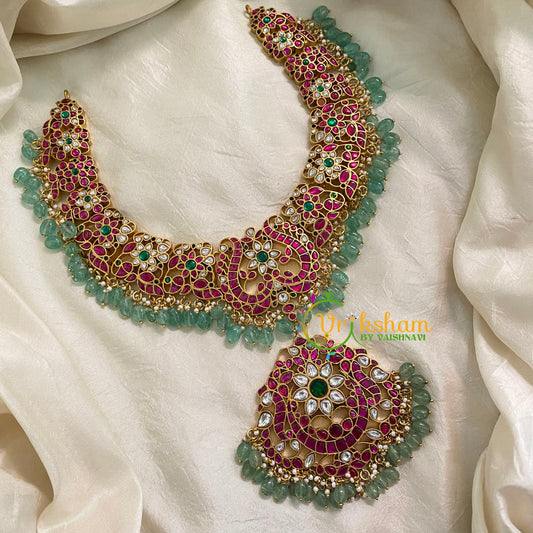 Exquisite Jadau Kundan Short Neckpiece - Pastel Green Bead -J1001