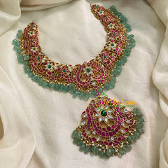 Exquisite Jadau Kundan Short Neckpiece - Pastel Green Bead -J1001