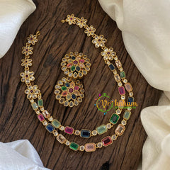 Layered Navrathna Short Neckpiece-Multicolor Stone-G025