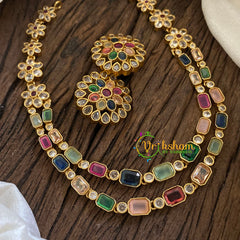 Layered Navrathna Short Neckpiece-Multicolor Stone-G025