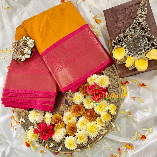 Mango Yellow Kanchi Silk Saree with Pink Border-VS87