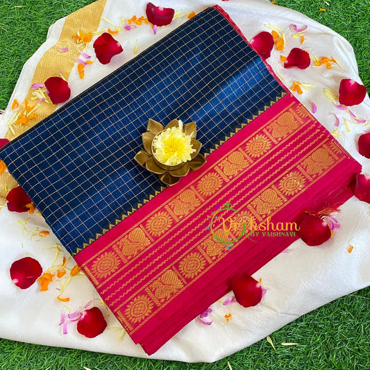 Dark Blue Podi Kattam Korvai Silk Cotton Saree -Handloom Saree -VS454