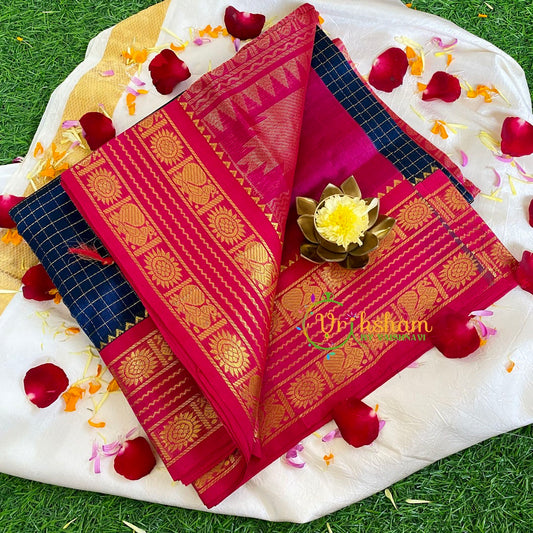 Dark Blue Podi Kattam Korvai Silk Cotton Saree -Handloom Saree -VS454