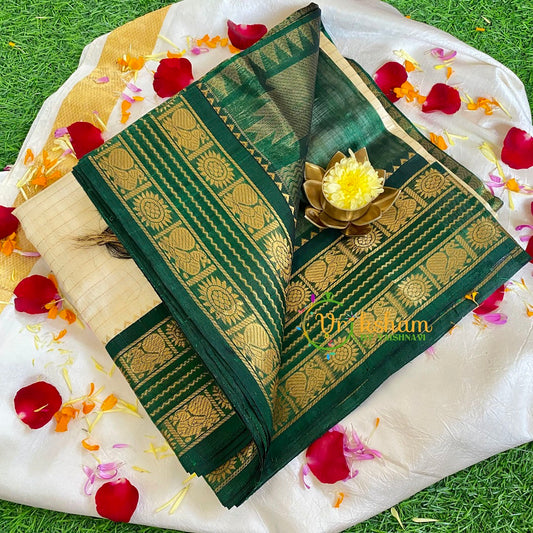 Half White with Green Silk Cotton Saree-Handloom Saree-VS455