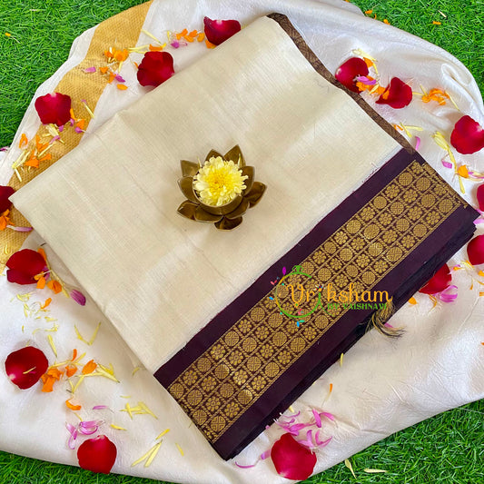 Half White with Brown Silk Cotton Saree-Korvai Handloom Saree-VS457