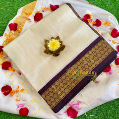 Half White with Brown Silk Cotton Saree-Korvai Handloom Saree-VS457