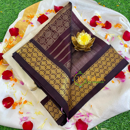 Half White with Brown Silk Cotton Saree-Korvai Handloom Saree-VS457