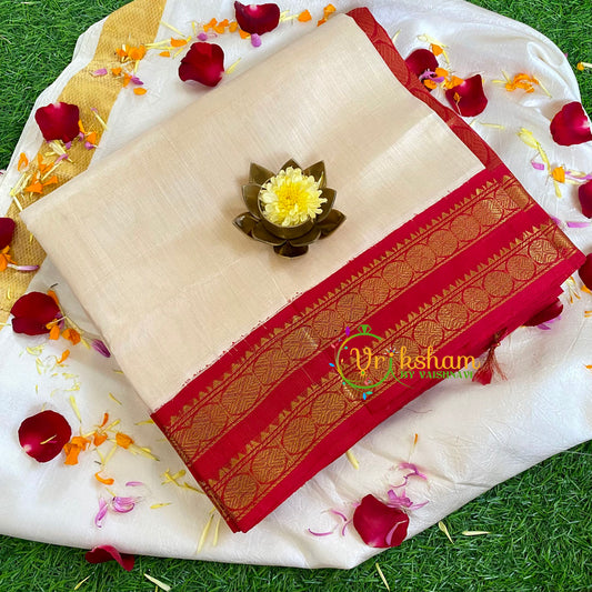 Half White with Red Korvai Silk Cotton Saree-Handloom Saree-VS458