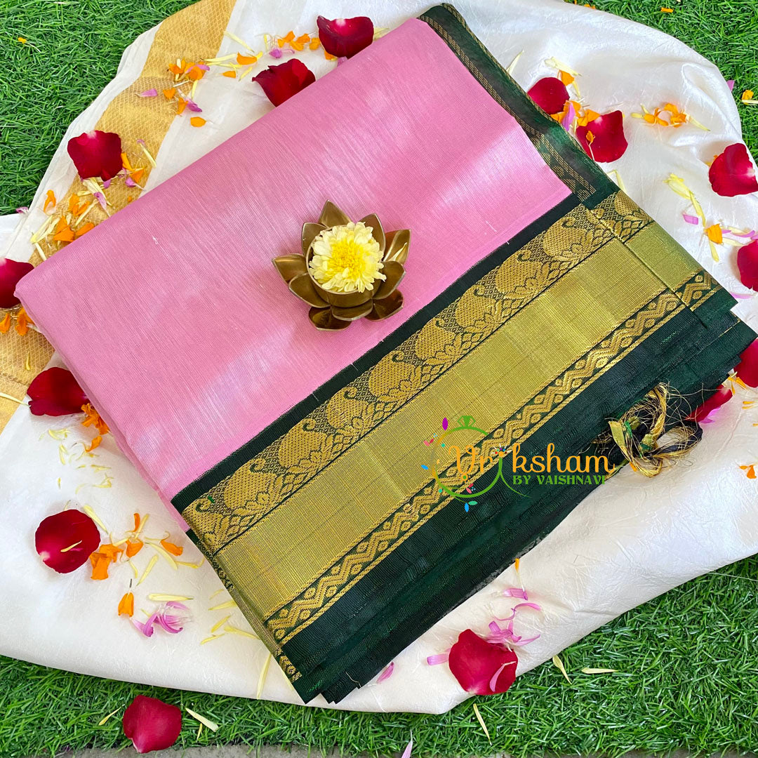 Rose with Green Silk Cotton Saree-Korvai Handloom Saree-VS459