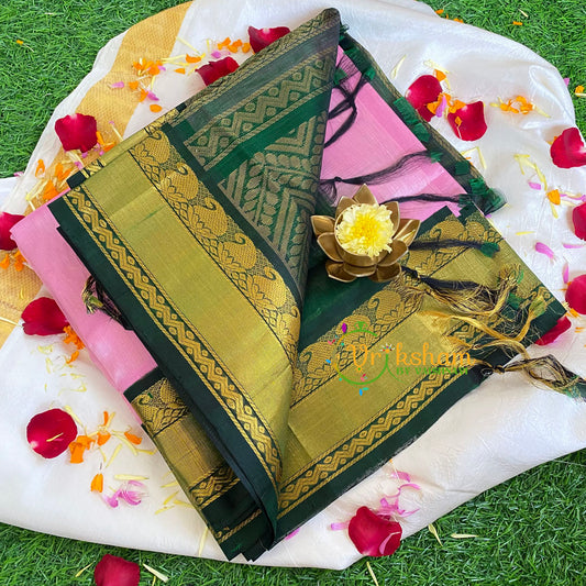 Rose with Green Silk Cotton Saree-Korvai Handloom Saree-VS459