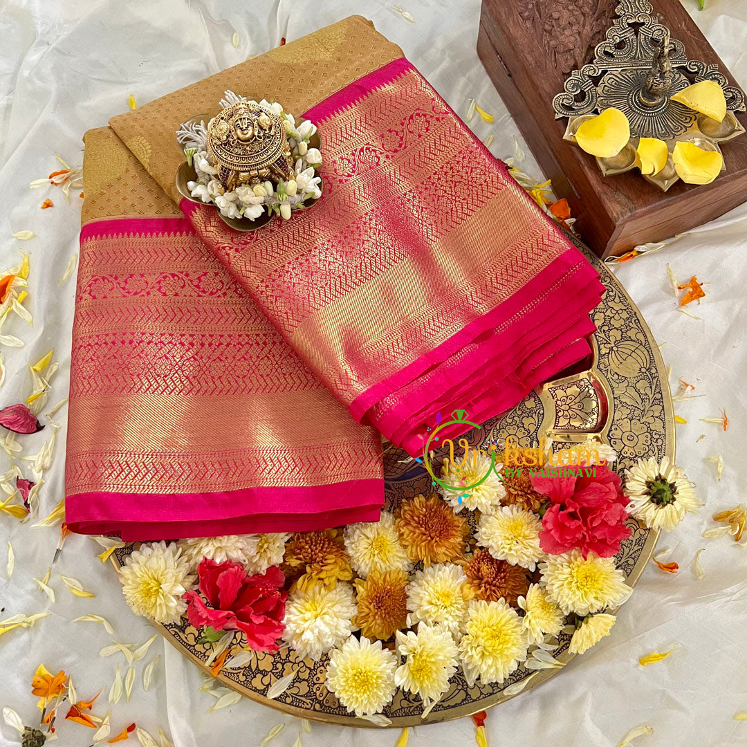 Sandal Yellow Kanchi Silk Saree with Pink Border-VS92