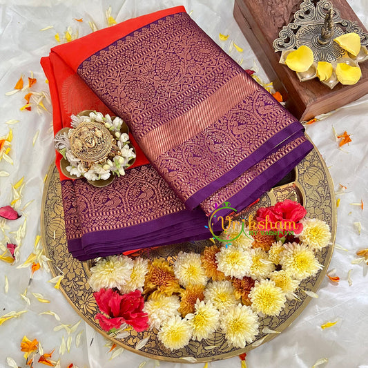 Orange with Violet Kanchi Silk Saree-VS97