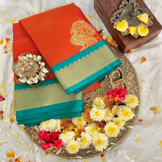 Orange Vairaoosi Silk Saree with Turquoise Border-VS90