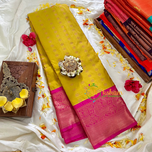 Mustard Yellow Silk Saree with Pink Border-VS91