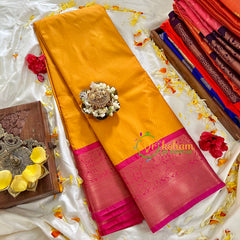 Mango Yellow Kanchi Silk Saree with Pink Border-VS87