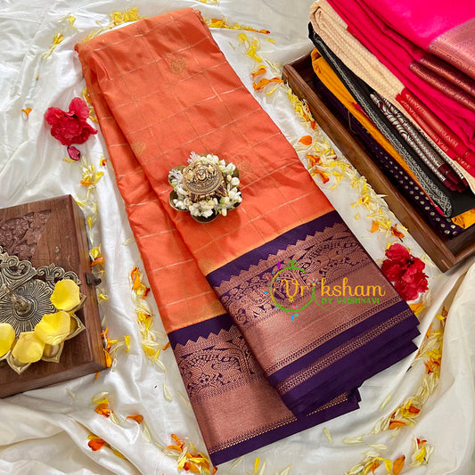 Orange Kattam Kanchi Silk Saree with Violet Border-VS93