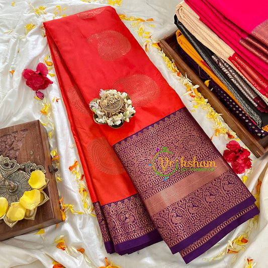 Orange with Violet Kanchi Silk Saree-VS97