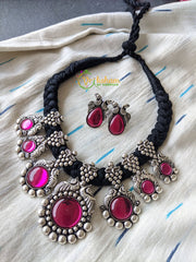 Oxidized Kolhapuri Round Pink stone Neckpiece -Black Thread -S187