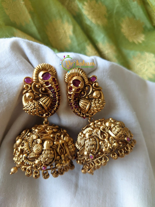 Royal Kemp Parrot Jhumkas -Jumbo size -Red -G998