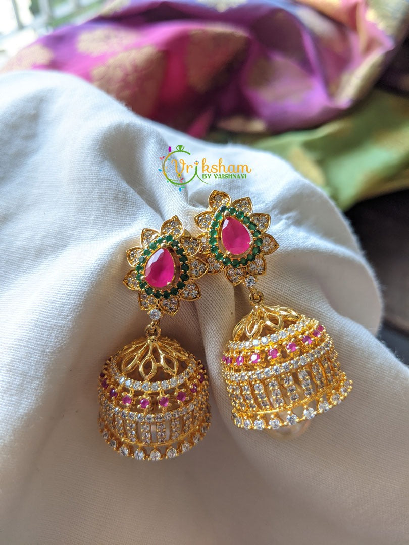 AD Stone Jhumkas with centre Pink Stone -G1297