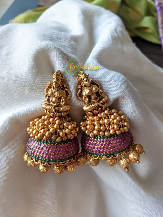 AD Stone Temple Lakshmi Jhumkas -Medium Size -Red Green-G1256