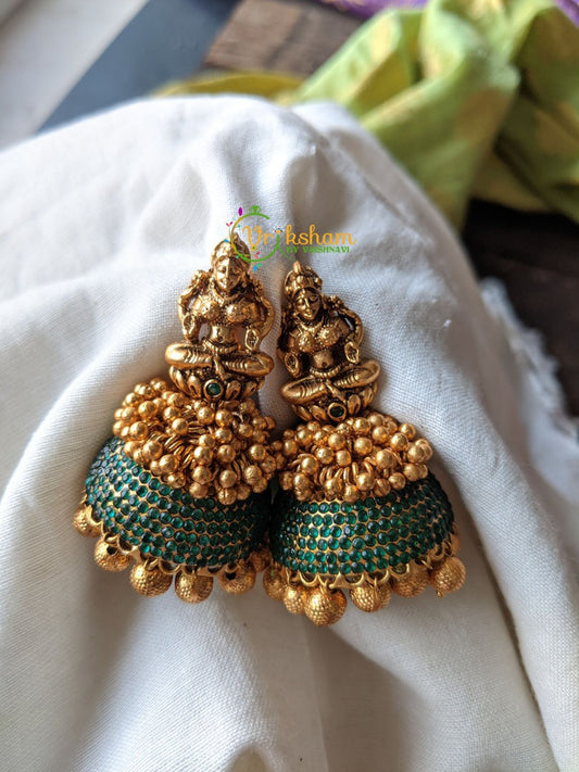 AD Stone Temple Lakshmi Jhumkas -Medium Size -Green -G1258