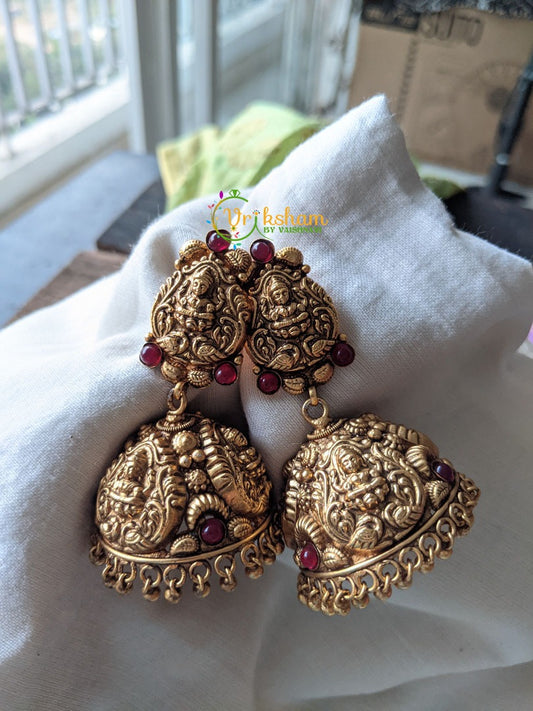 Antique Gold Look Alike Lakshmi Jhumkas -Red -G1268