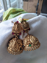 Antique Gold Look Alike Lakshmi Jhumkas -Red Green -G1262