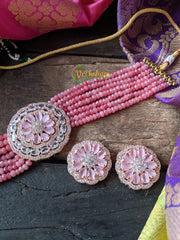 AD Stone High Neck Choker -Pink Beads -G1161
