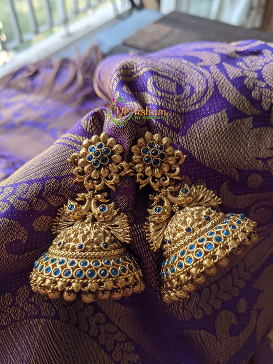 Floral Peacock Jhumkas -Blue -G1138