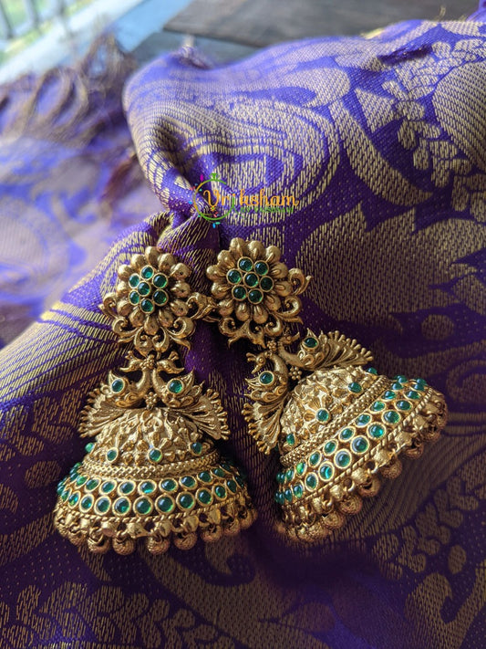 Floral Peacock Jhumkas -Green -G1164