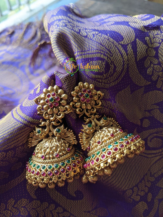 Floral Peacock Jhumkas -Red Green -G1139