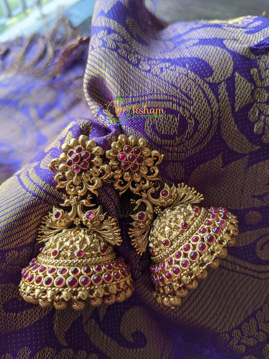 Floral Peacock Jhumkas -Red -G1140