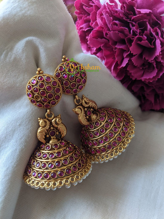 Kemp Peacock Jumbo Jhumkas with Pearl -Red -G1150