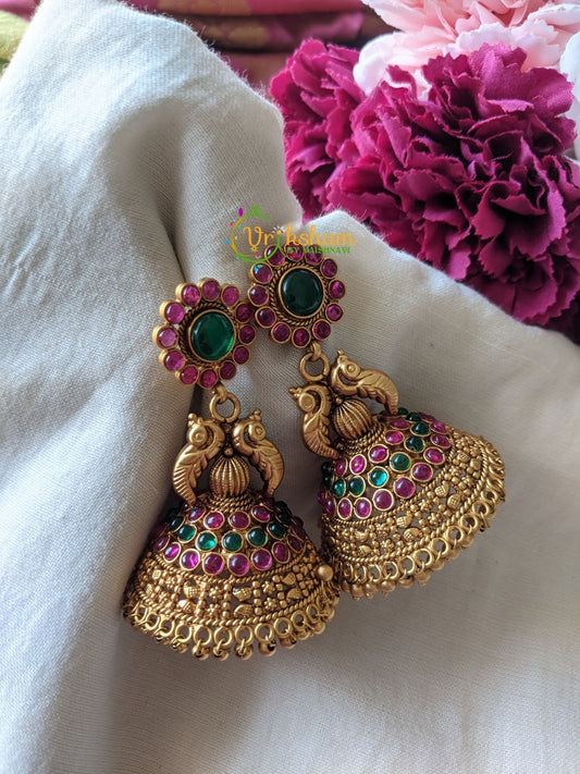 Kemp Peacock Jumbo Jhumkas -Red Green -G1151