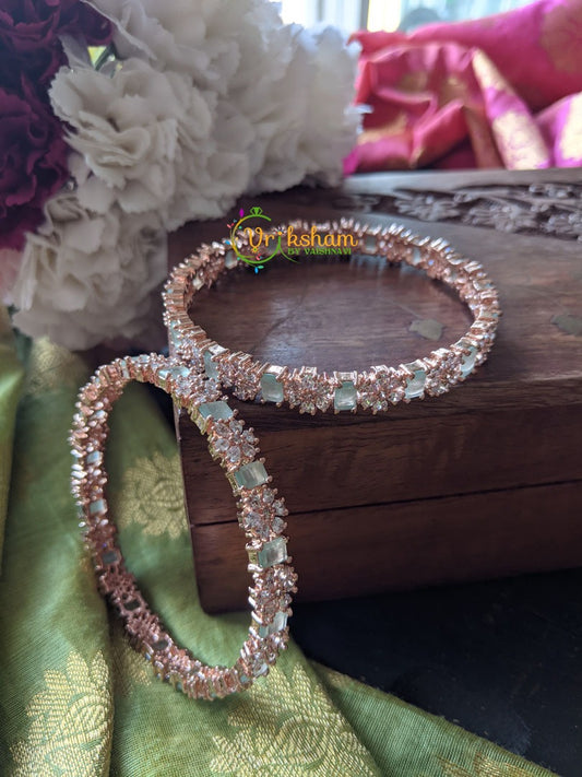 Rose Gold AD Stone Bangle -Flower -Green -G1211