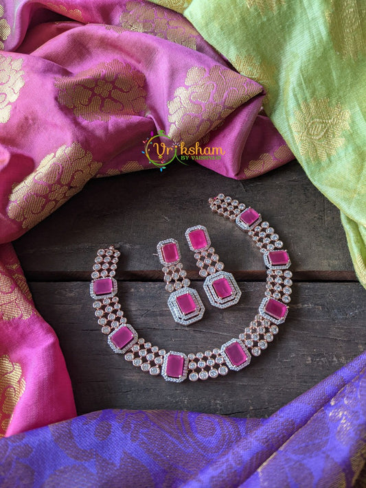 CZ Stone Layered Choker with Pink Stones -G1322