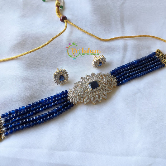 AD Stone Beaded High Neck Choker -Ink Blue -G1569