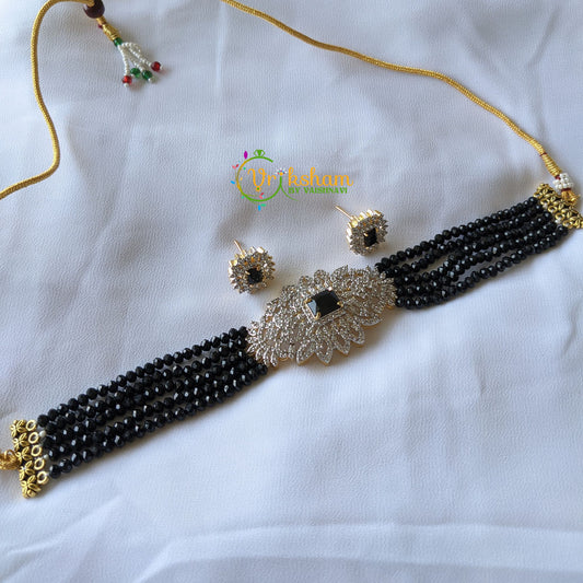 AD Stone Beaded High Neck Choker -Black -G1568