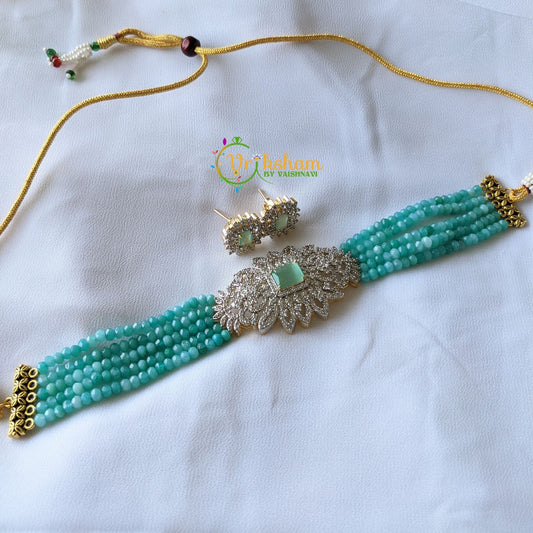 AD Stone Beaded High Neck Choker -Teal Blue -G1566