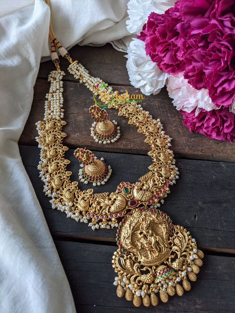 Premium Temple Haram with Krishna Pendant -Pearl -G1835